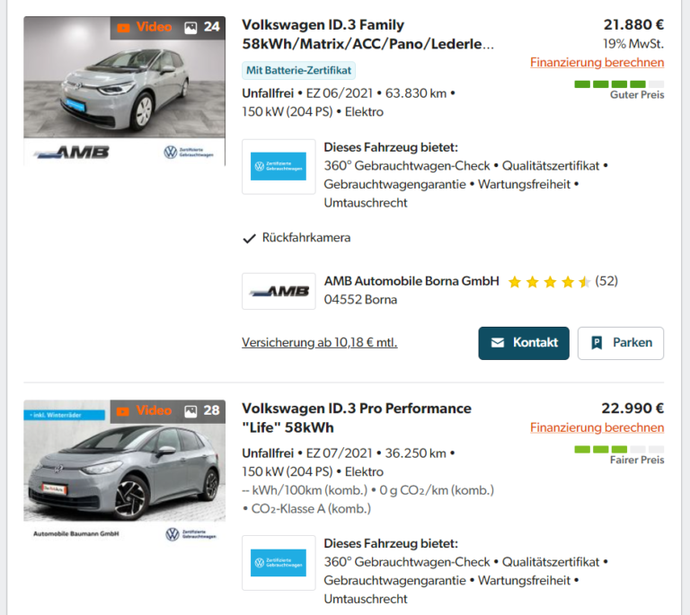 Elektroauto Gebrauchtwagen auf einer Online Plattform